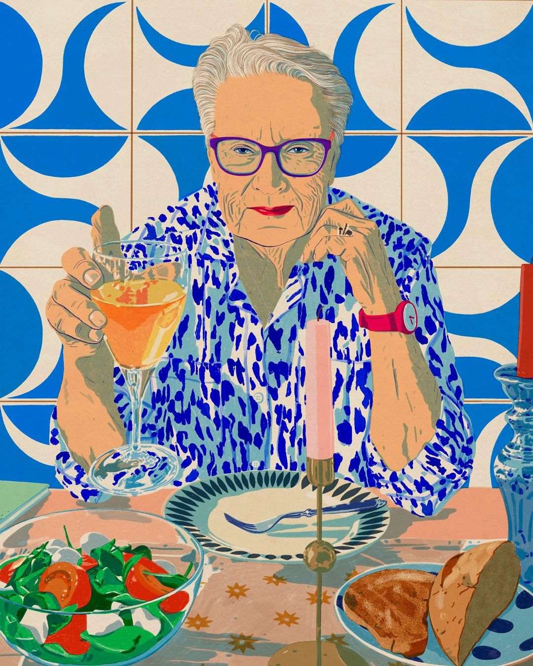 Anna Higgie, Photo realistic product illustration of a grandma holding wine with botanical patterns and mosaic background